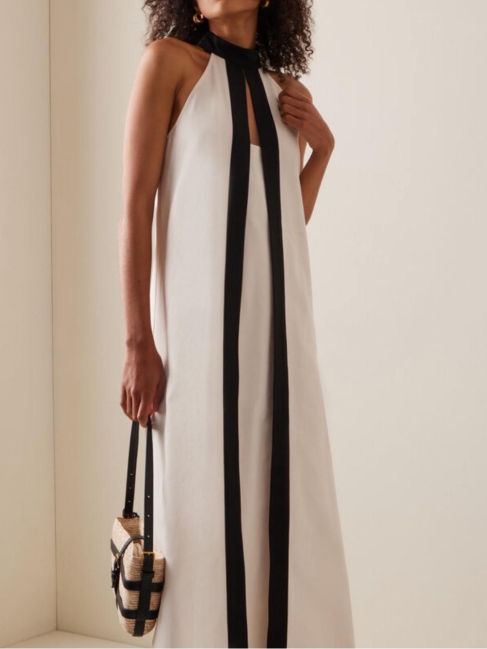 STAUD White Halter Maxi Dress with Black Vertical Trim